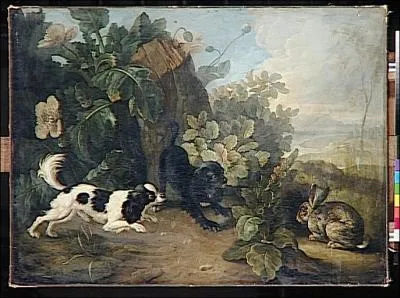 Deux chiens et un lapin est le titre de ce tableau classique, oeuvre du peintre... ?