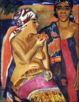 Quel membre du groupe Die Brücke depuis 1906 et qui, en 1910 a fondé la Nouvelle Sécession à Berlin, a peint Femmes aux habits colorés (1881-1955) ?