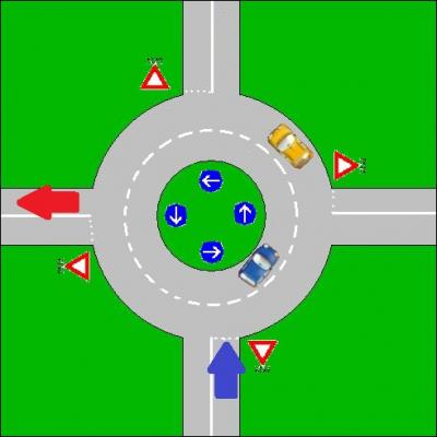 Dans cette situation, les voitures engages sur ce carrefour  sens giratoire viennent toutes les deux de la flche bleue et se dirigent vers la flche rouge. Quelle voiture est la mieux place ?