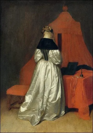 Dame en robe blanche devant un lit avec des rideaux rouges, 1660