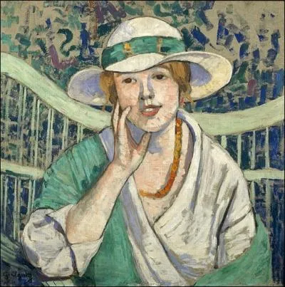 Femme au chapeau blanc et vert