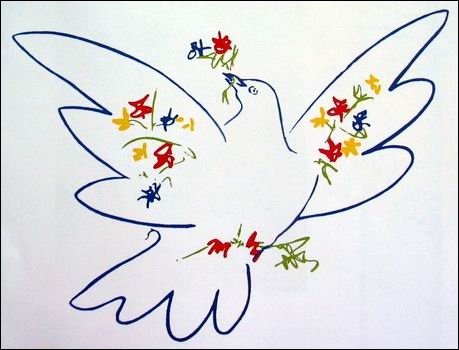 Ce tableau très aérien et joyeux d'une  colombe avec fleurs  est signé de ?