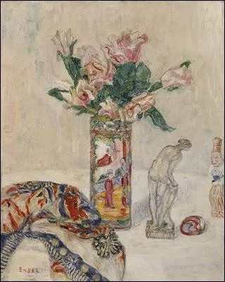 Nature morte avec un vase de fleurs, par un peintre expressionniste belge (1860-1949) clbre pour ses tableaux de masques.
