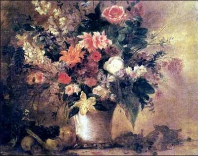 Nature morte avec fleurs et fruits (1842) par le plus grand peintre romantique franais (1798-1863).
