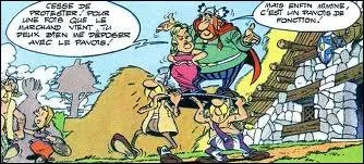 Le marchand ambulant vient d'arriver au village. Abraracourcix fait office de taxi et emmne sa femme. Quel est l'album correspondant  cette image ?