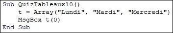 On suppose que la variable  t  est correctement dclare. Qu'affiche le programme, dans une configuration par dfaut de VB ?