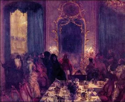 Bal masqu, par un peintre allemand (1815 - 1905) naturaliste et pr-impressionniste, clbre chroniqueur de la vie berlinoise.