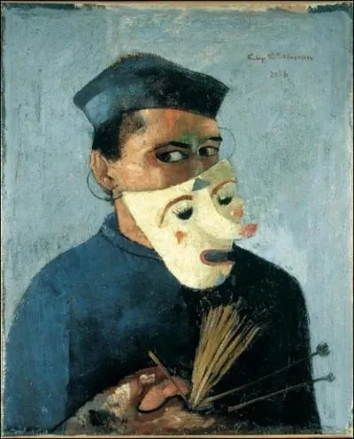 Autoportrait au masque (1928) par un peintre allemand (1904-1944), rattach au courant de la Nouvelle Objectivit et qui fut gaz  Auschwitz.
