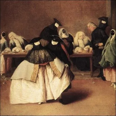 Masques  Venise (1750), par un peintre italien (1701-1785) illustrateur de la vie vnitienne.