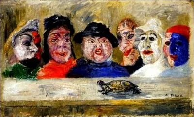 Masques observant une tortue (1894) par un peintre expressionniste belge (1860-1949) dont la mre tenait une boutique de masques...