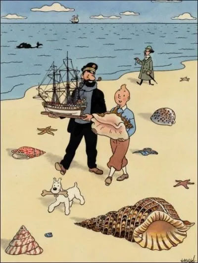 Voilà un dessin à l'encre de chine, aquarelle et gouache représentant Tintin portant un coquillage, le capitaine Haddock portant la Licorne. Cette uvre fut mise aux enchères avec une estimation de :