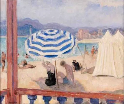 Qui a peint la plage, parasol bleu et tentes ?