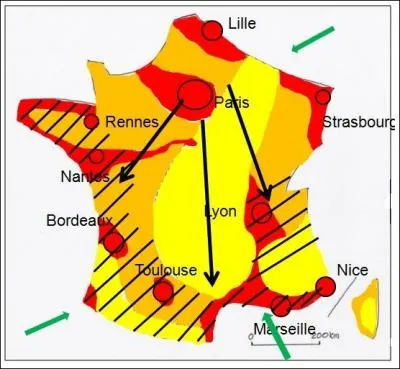 Sur ce croquis, qu'est-ce qui reprsente les fortes densits ?