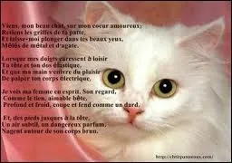 Qui est l'auteur du pome le chat :  Viens mon beau chat sur mon coeur amoureux; retiens les griffes de ta patte. Et laisse-moi plonger dans tes beaux yeux mls de mtal et d'agate  ?