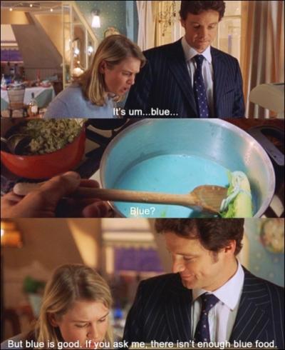 L'anglaise Bridget Jones réalise, pour son dîner d'anniversaire entre amis, une soupe qui, comme on le voit, est bleue. Quel ingrédient a-t-elle utilisé pour cela ?