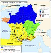 Par quelle bataille en 507, Clovis s'empare-t-il du royaume des Wisigoths (en jaune sur la carte) ?