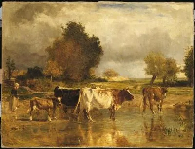 Quel peintre de l'cole de Barbizon est l'auteur de la toile  Vaches et veau  la mare  ?