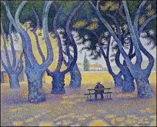 Paul Signac a peint  La place des Lices  Saint-Tropez . Mais ce personnage isol sur un banc, et l'ambiance du tableau, ne vous font-ils pas penser  un film ?