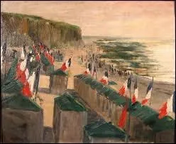 Le 14 juillet sur une plage normande, par un paysagiste impressionniste normand de l'Ecole de Rouen qui peignit abondamment sa r�gion et mourut paralys� en 1928.