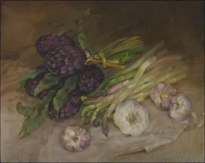 Cette nature morte est peinte par Margarita Ivakina. En dehors des ttes d'ail et des asperges, il y a aussi des :