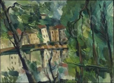 Qui a peint  Paysage avec arbres, maisons et lac  ?