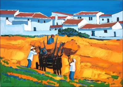 Observez bien les couleurs lumineuses, l'azur du ciel, la blancheur clatante des maisons sous le soleil accablant. Dans quelle rgion europenne ces agriculteurs lvent-ils la gerbe ?