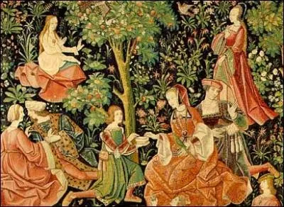 Les femmes brodaient, dans le jardin constitu de manteau herbu et de prairies fleuries, s'y laissaient courtiser, pratiquaient les arts lyriques. Cela donne  rver. Ici, une reprsentation des :