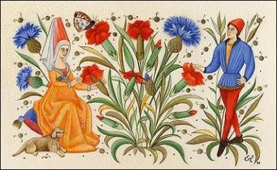 Voil une libre interprtation des dtails de la superbe illustration aux oeillets et iris. Vous verrez l'original au muse Cond. De quel magnifique ouvrage est-il question ?