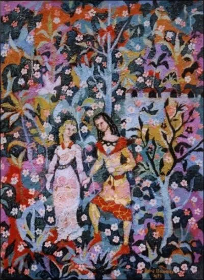 Quel est l'ouvrage et qui est l'auteur : « Il y avait des pommiers à grenades, avec foison d'amandiers et de noyers, et maint figuier et maint beau dattier/Beaucoup de bonnes épices/De fraîches cerises vermeilles, des cormes, alises » ?