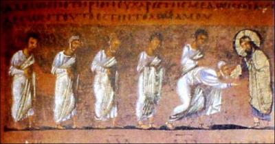 6 apôtres avancent vers le Christ pour recevoir le vin rouge dans un calice d'or. Nous les trouvons dans le "Codex Purpureus", manuscrit gréco-oriental, exécuté à Antioche. Où cela était-il ?