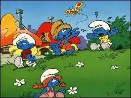 Peuple imaginaire de petites cratures bleues logeant dans un village champignon au milieu d'une vaste fort.