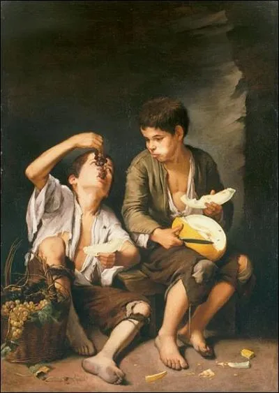 De quel peintre baroque espagnol, né à Séville en 1617 et mort en 1682, est le tableau présenté ? Deux jeunes garçons se régalent de raisins et pastèque.