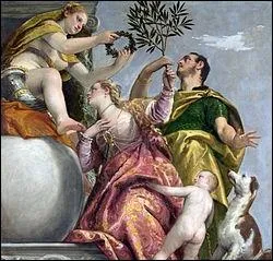 Observez le personnage de droite dont le vtement vert se remarque parfaitement sous une riche toge. Qui est le peintre de L'Allgorie de l'Amour ayant donn son nom  une nuance de vert ?