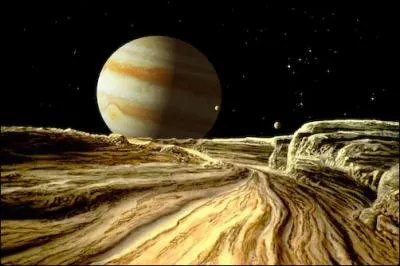 Ganymde (au premier plan sur la vue d'artiste), satellite de Jupiter :