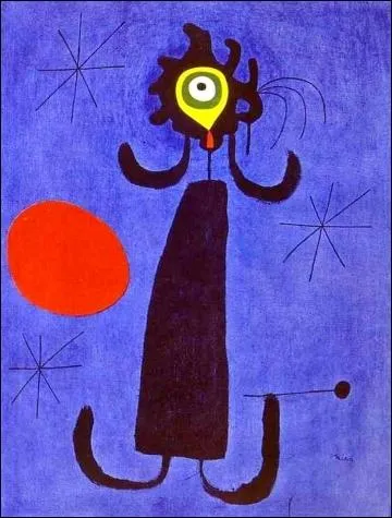 Femme devant le Soleil, 1950 par un peintre et sculpteur  catalan international  (1893-1983) qui particpa au mouvement surraliste et dada.