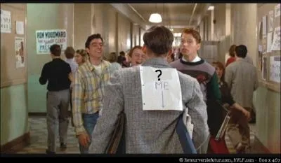 Marty et Doc sont au lyce, ils aperoivent le pre de Marty suivi par des lycens qui le malmnent. Une feuille de papier est scotche sur son dos. Que dit-elle ?