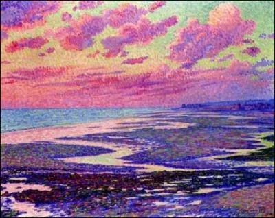 Encore une plage, mais du nord celle-ci, dont le ciel s'embrase de rose. Le tableau s'intitule La plage d'Ambleteuse, et a t peint en 1900, par ?