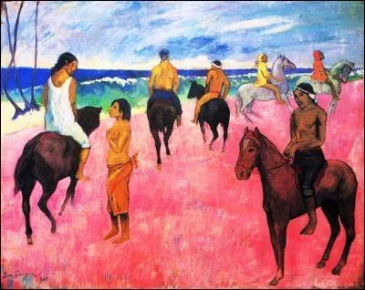 Une magnifique utilisation du rose, entre illusion et ralit, pour ce tableau titr Cavaliers sur la plage, de la main du peintre...