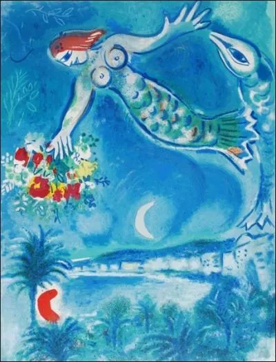 Cette trs jolie sirne, rousse elle aussi, dans le bleu trs bleu des mers (mais n'est-ce pas plutt le ciel ? ) est signe de... ?