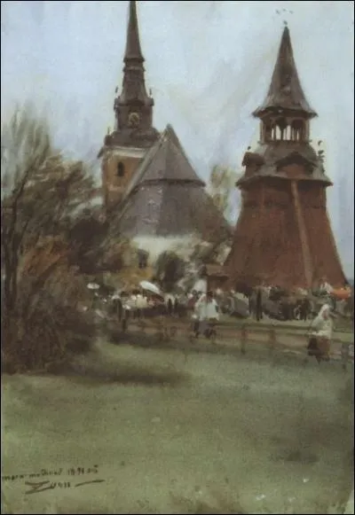 Mora, jour de march, l'glise et le clocher, 1890