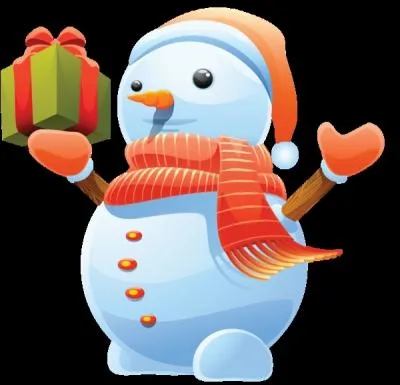 Regardez ce bonhomme de neige qui porte un cadeau : de quelle couleur sont son charpe, son bonnet et ses gants ?