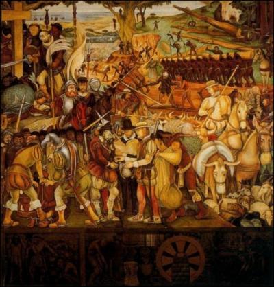 Colonisation : La grande ville de Tenochtitlan (1952) par un peintre mexicain de  murales  (1886-1957).