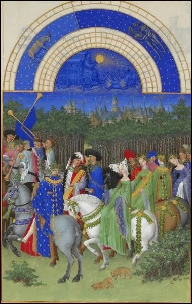 En mai a lieu la cavalcade princire prs de Paris (on voit le palais de la Cit). Combien de jeunes filles portent une robe verte, conformment  la tradition du 1er mai ? (CLIQUER sur l'image)