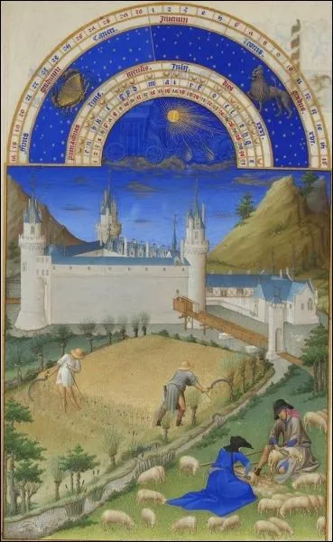 Juillet est consacr aux moissons. Quelle autre activit pratiquent les 2 paysans du premier-plan ? (CLIQUER sur l'image pour l'agrandir)