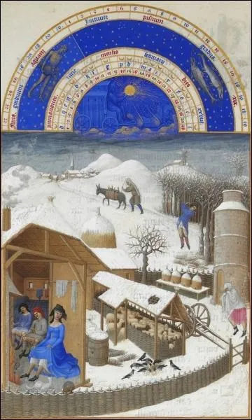 En fvrier, c'est l'abattage du bois. Les paysans se rchauffent. Quel lment quotidien n'est pas prsent dans cette miniature ? (CLIQUER sur l'image pour l'agrandir)