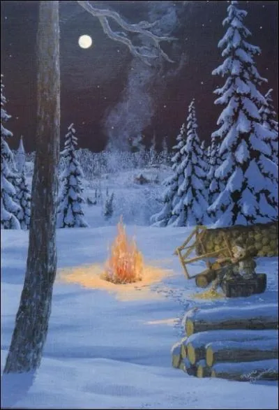 Aprs une journe bien remplie, notre gnome fait un feu de camp. Quel lment n'est PAS prsent dans cette peinture de F. H. Bredenberg ? (CLIQUER sur l'image pour l'agrandir. )