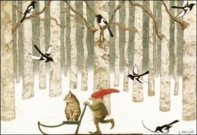 Prt pour une journe de gnome ? Alors en route vers la fort ! Quels sont ces oiseaux qui suivent le gnome ? (CLIQUER sur l'image pour l'agrandir. )