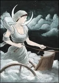 Cette desse grecque de la lune apparaissait souvent ceinte d'un voile gonfl par le vent, semblable  la vote des cieux et le front couronn d'une demi-lune :