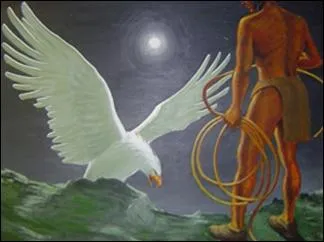 Ce hros des peuples amrindiens des forts, capable de se mtamorphoser, attacha les ailes d'un aigle des montagnes dont le battement dclenchait des temptes :