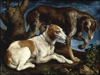Deux chiens de chasse lis  une souche, 1548-49